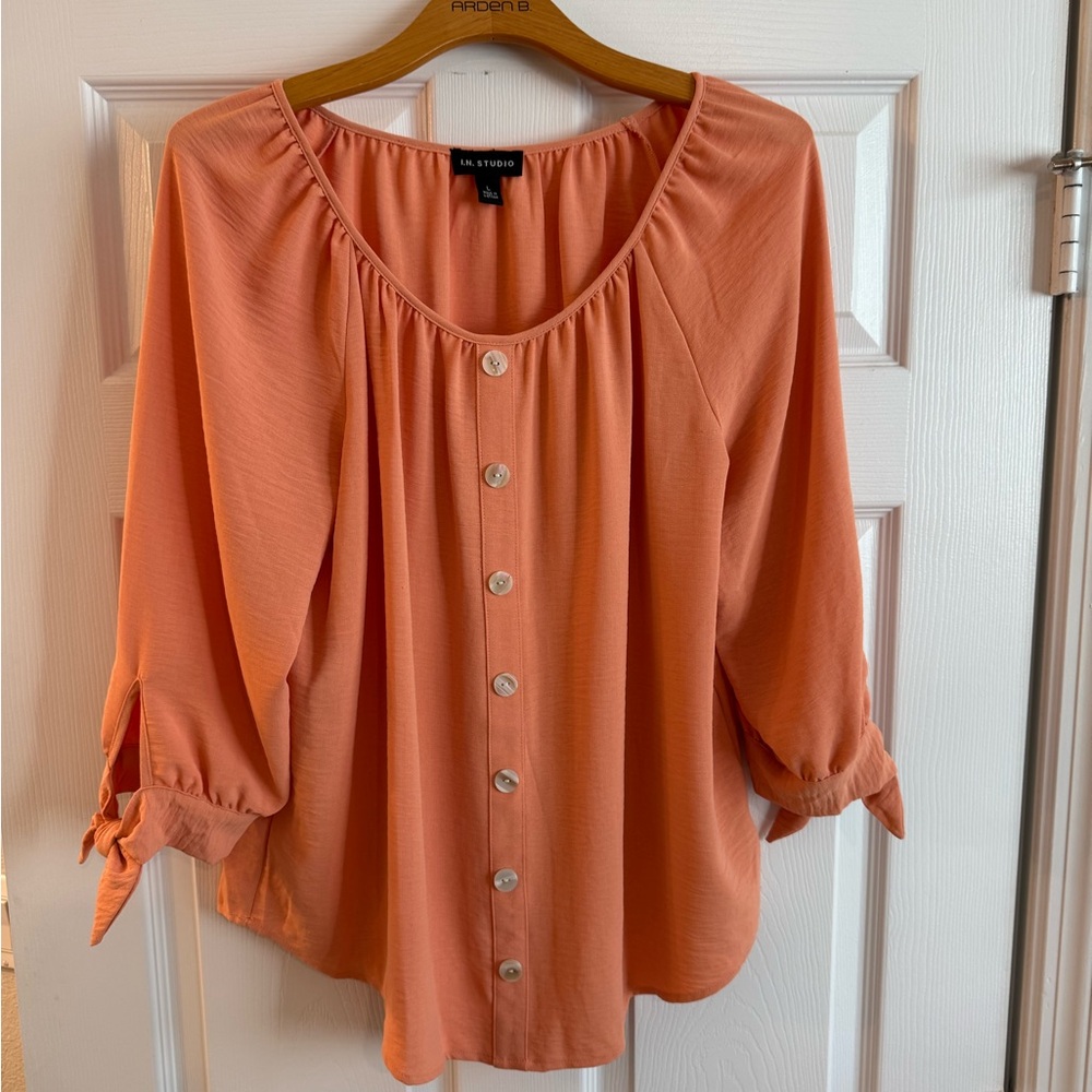 I.N. Studio Coral Off-Shoulder Buttoned Blouse - Picture 2 of 6